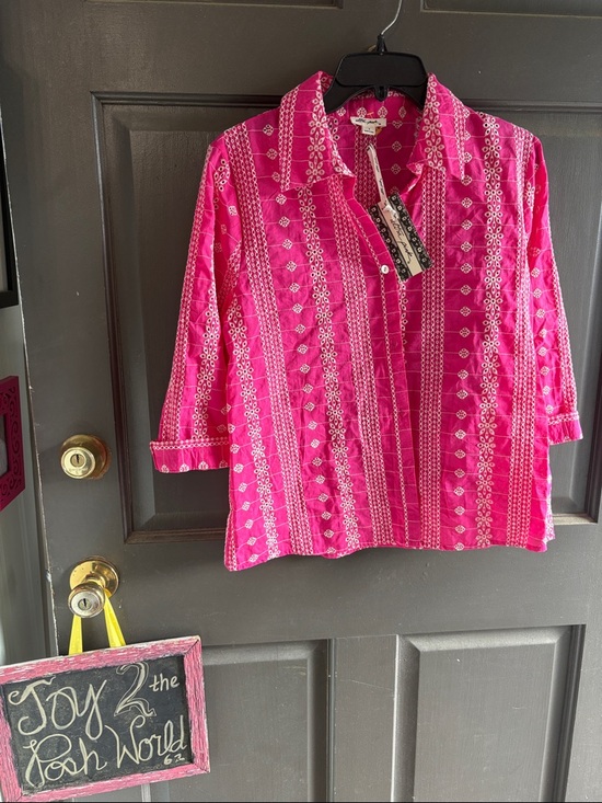 Ultra Pink Tops - Bright Pink Embroidered Button-Up Shirt NWT